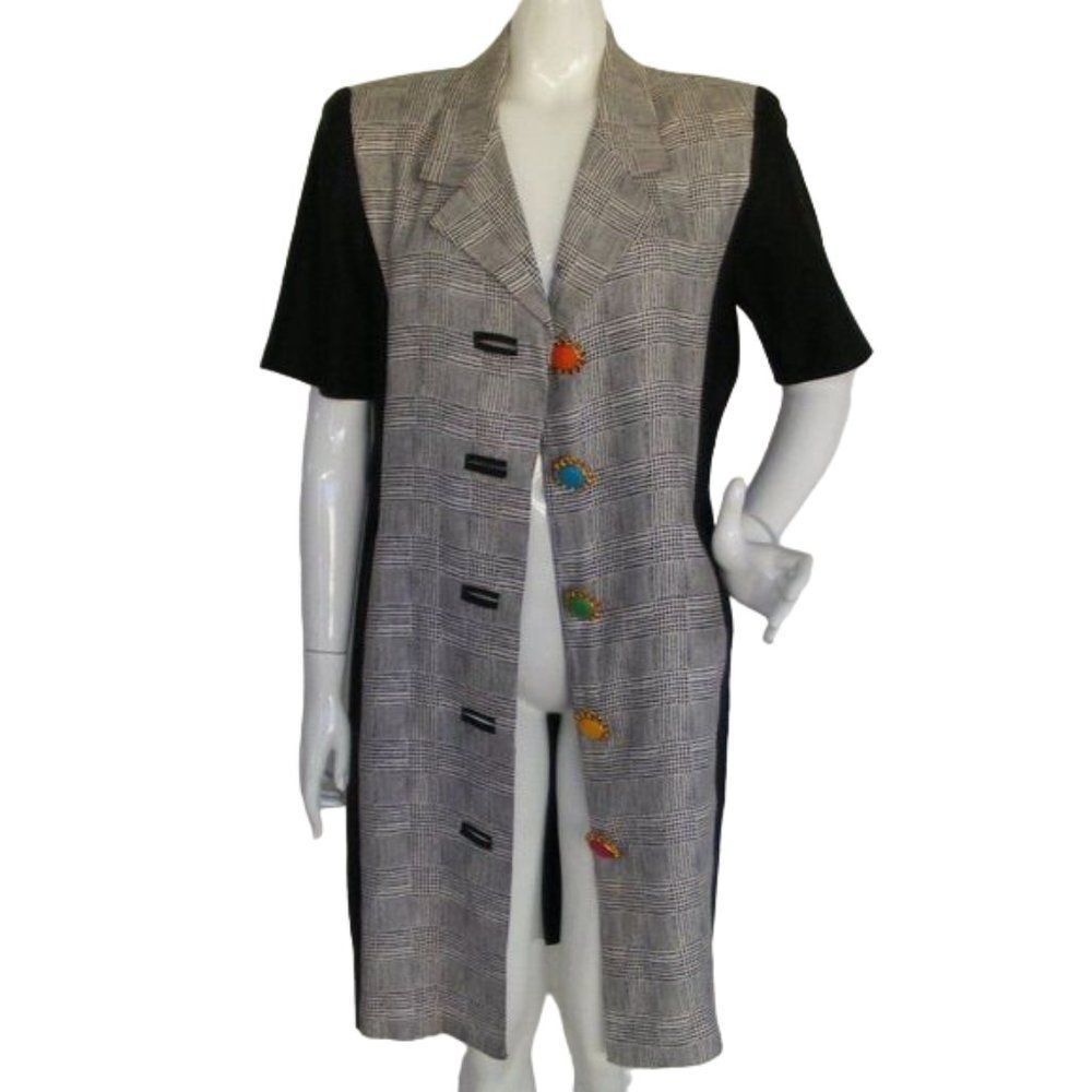 RICKIE FREEMAN/Teri Jon Dress, L, Houndstooth, Colorful Buttons,Black/Gray plaid - Picture 4 of 11